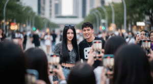 "Marigona Gona with IShowSpeed during a viral livestream moment surrounded by fans