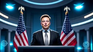 Elon Musk launching America Party 2025 at a political podium with U.S. flag and digital backdrop