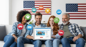 Modern American family comparing insurance plans online using a laptop, with floating icons of health, auto, life, and travel insurance, USA flag in background, 2025 futuristic concept