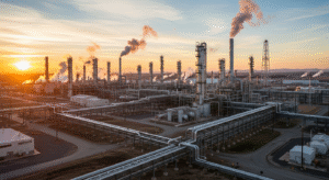 Petroleum industry overview in 2025 showing oil rigs, fuel tanks, and global map with energy stats