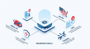 Infographic showing top insurance types in the USA for 2025 including health, auto, life, travel, and homeowners insurance