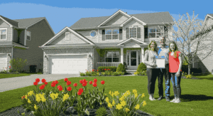Happy family standing outside insured home – Best Home Insurance USA 2025